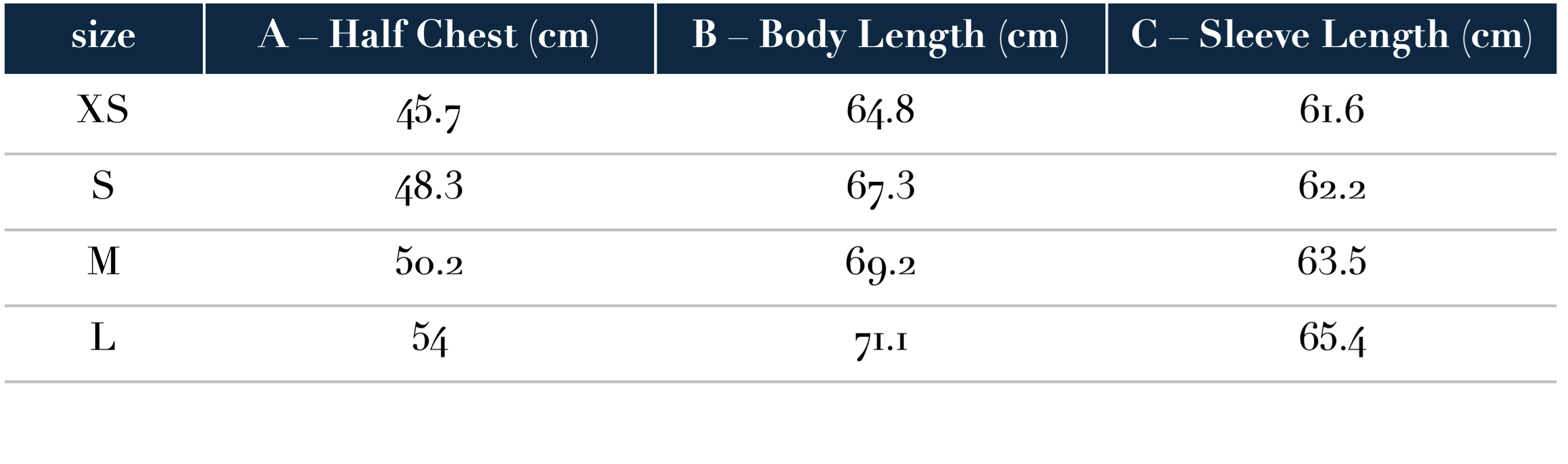 Size Guide in Centimeters