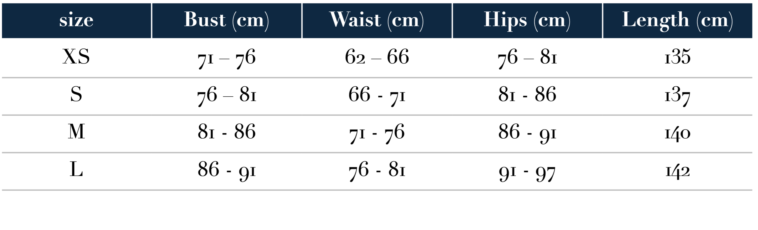 Size Guide in Centimeters
