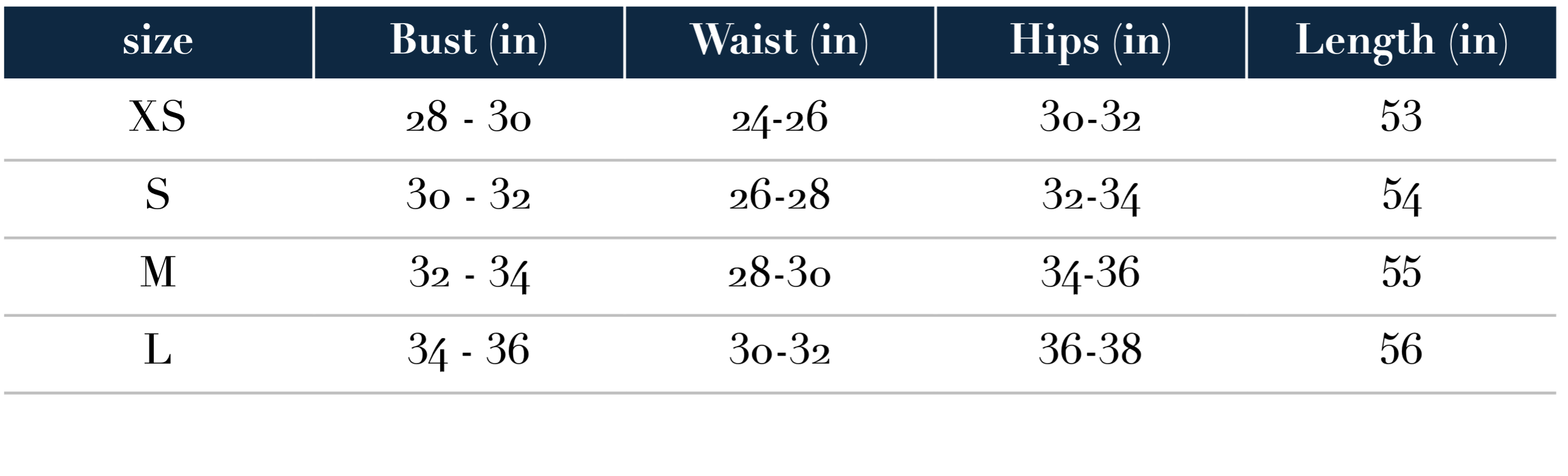Size Guide in Inches