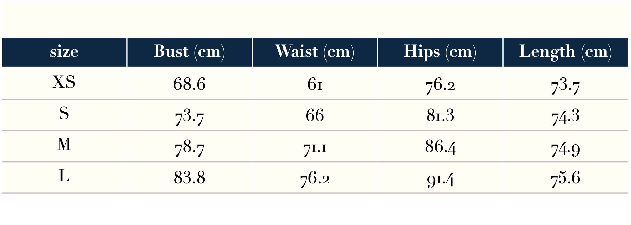 Size Guide in Centimeters