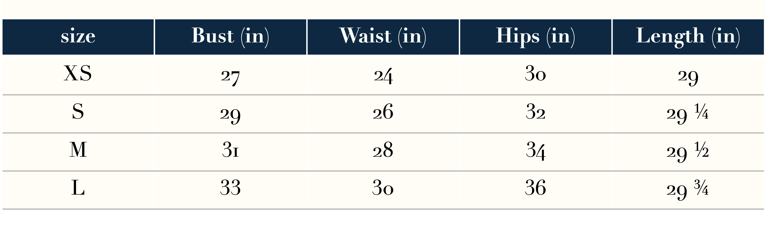 Size Guide in Inches