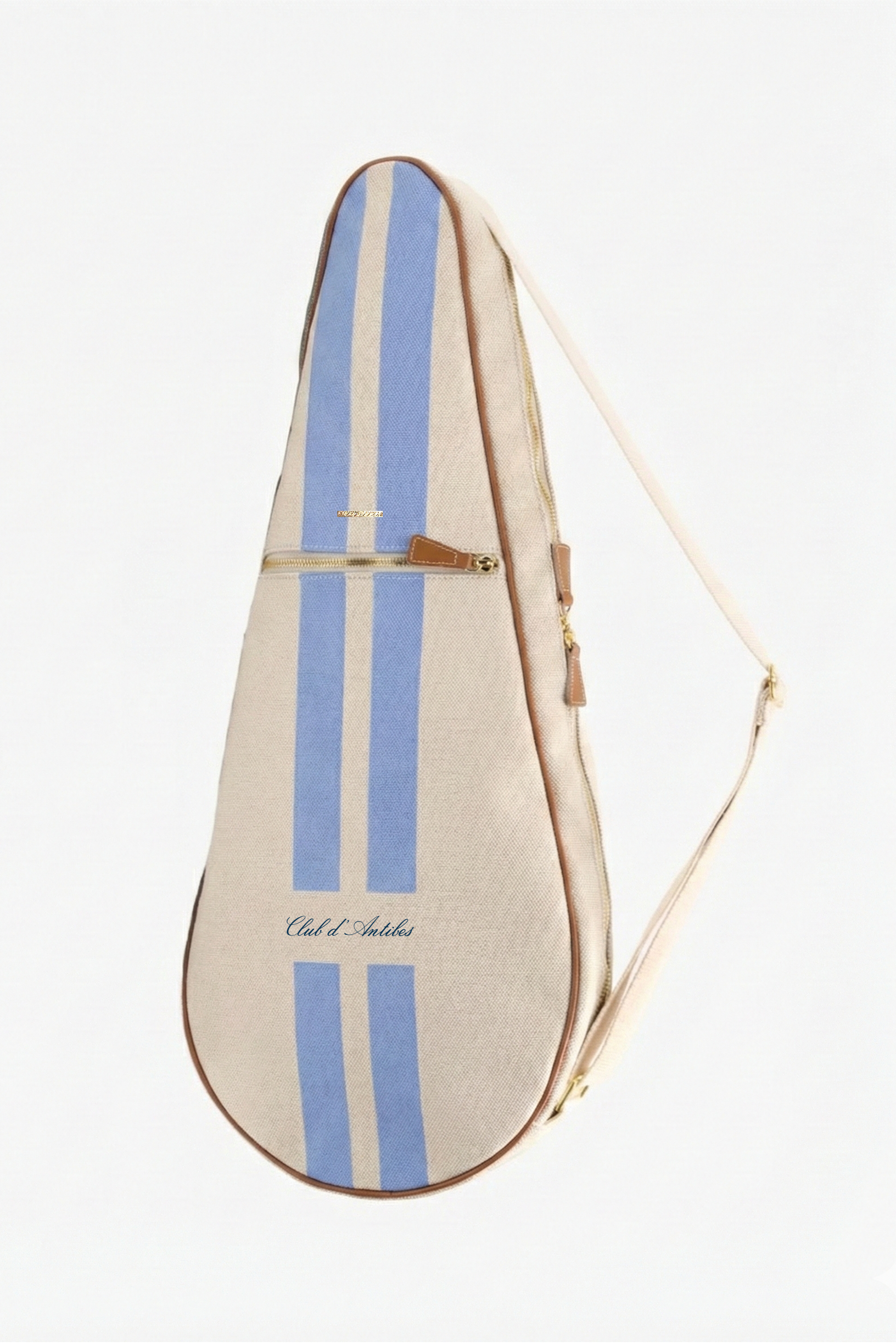 Tennis racquet bag with light blue stripes and a strap on a white background