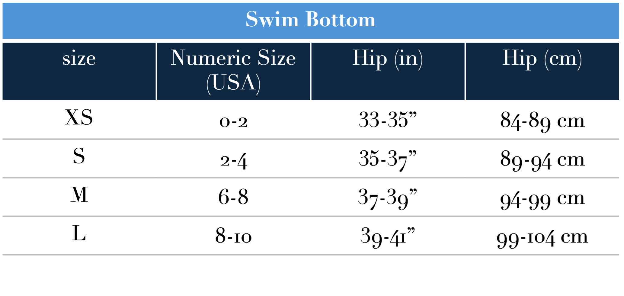 Size Guide in Centimeters