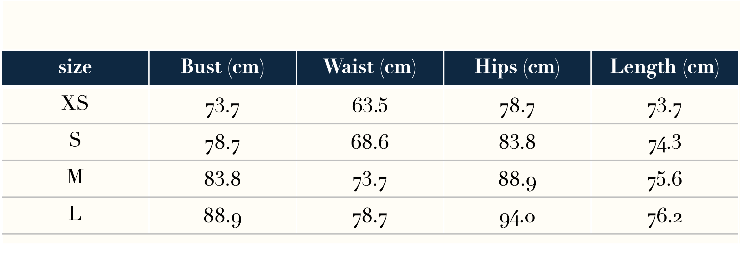 Size Guide in Centimeters